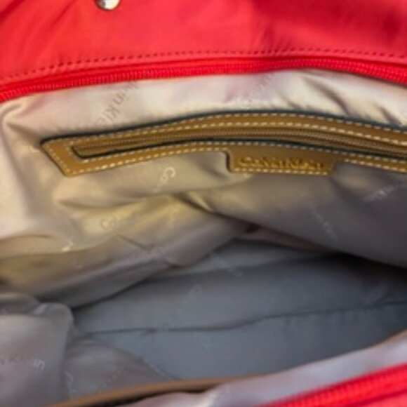 Calvin Klein Red Nylon Tote Bag with Gold-tone Hardware and Tan Handles